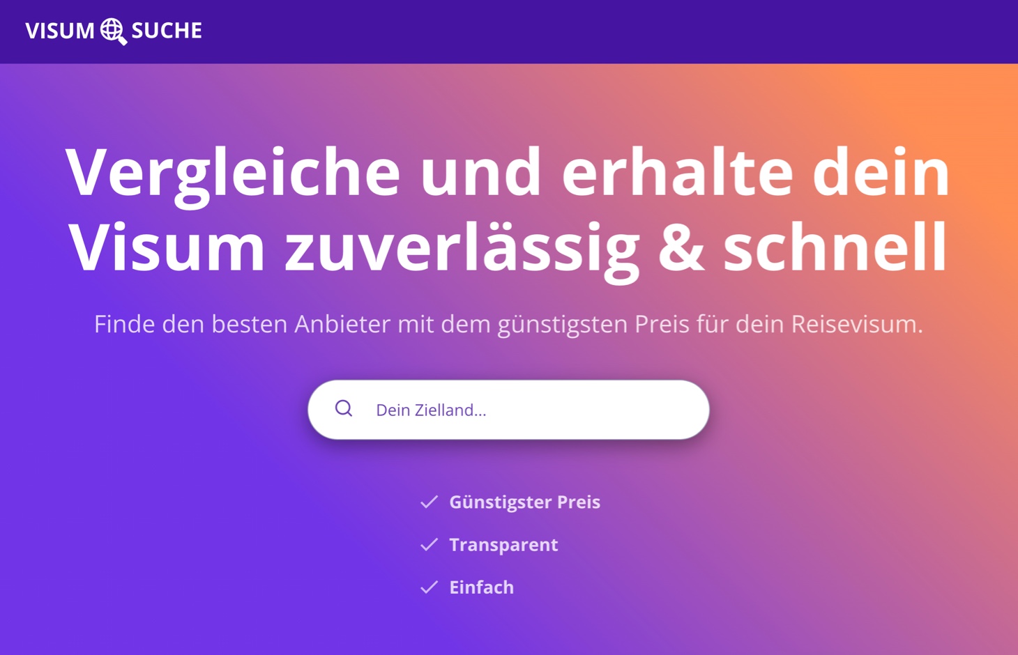 Screenshot of website Visum Suche 